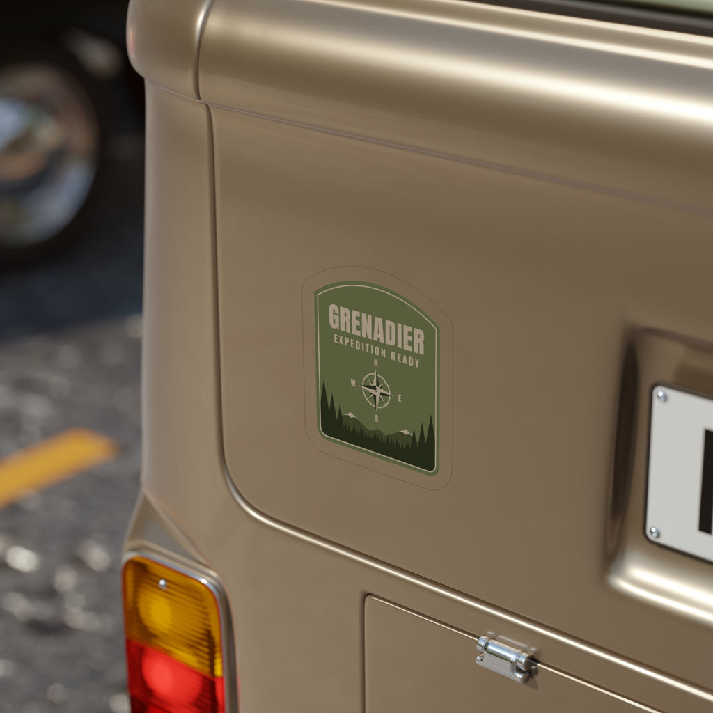 Olive green badge sticker: GRENADIER, EXPEDITION READY, compass rose over pine treeline – view 8