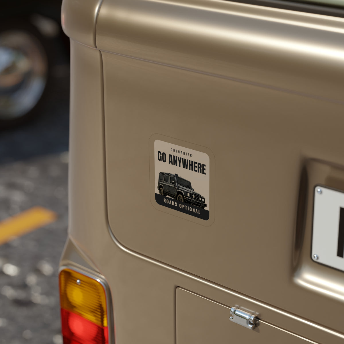 Go Anywhere / Roads Optional die-cut sticker: a black 4x4 wagon on a cream badge with GO ANYWHERE up top and a ROADS OPTIONAL footer – view 6