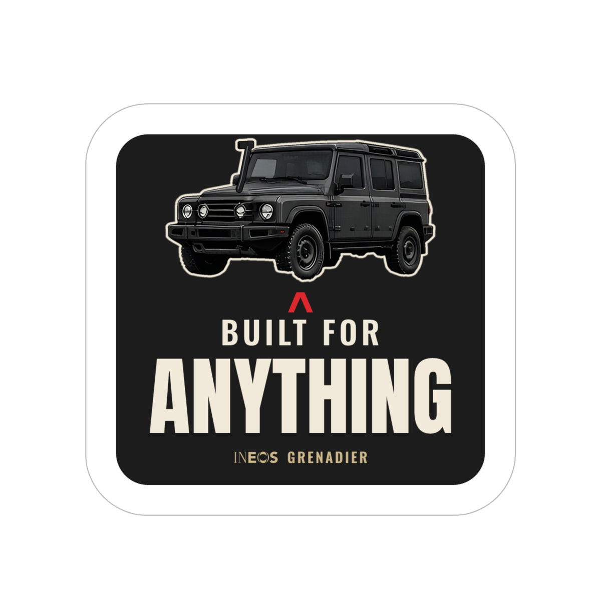Built for Anything die-cut sticker: a boxy 4x4 wagon over a red accent mark and bold BUILT FOR ANYTHING lettering on a black badge – view 2