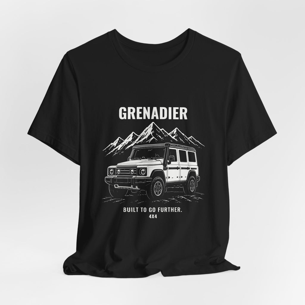Built to Go Further tee with boxy 4x4 and mountains art, Bella+Canvas 3001 in Black, hanging 1 view