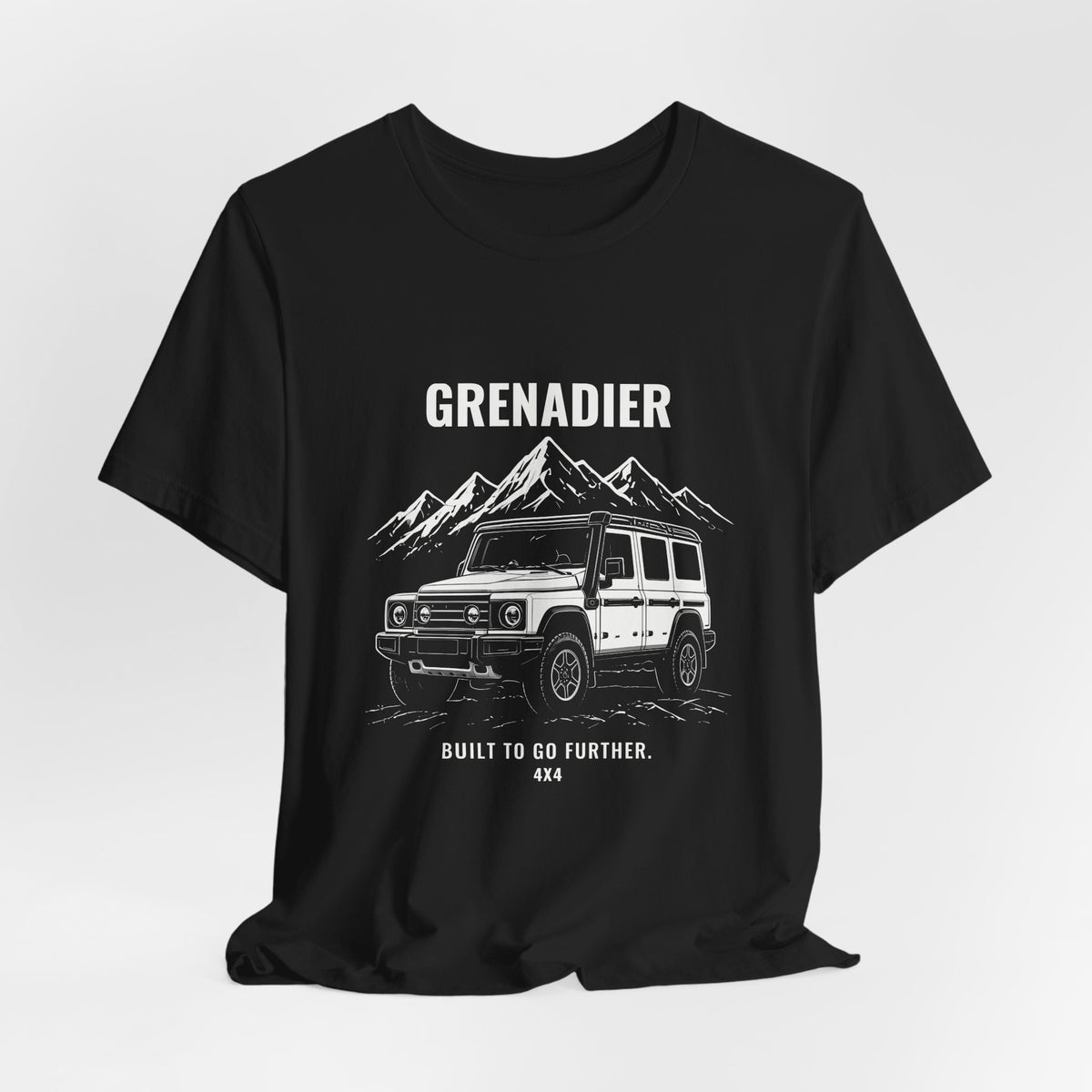 Built to Go Further tee with boxy 4x4 and mountains art, Bella+Canvas 3001 in Black, hanging 1 view