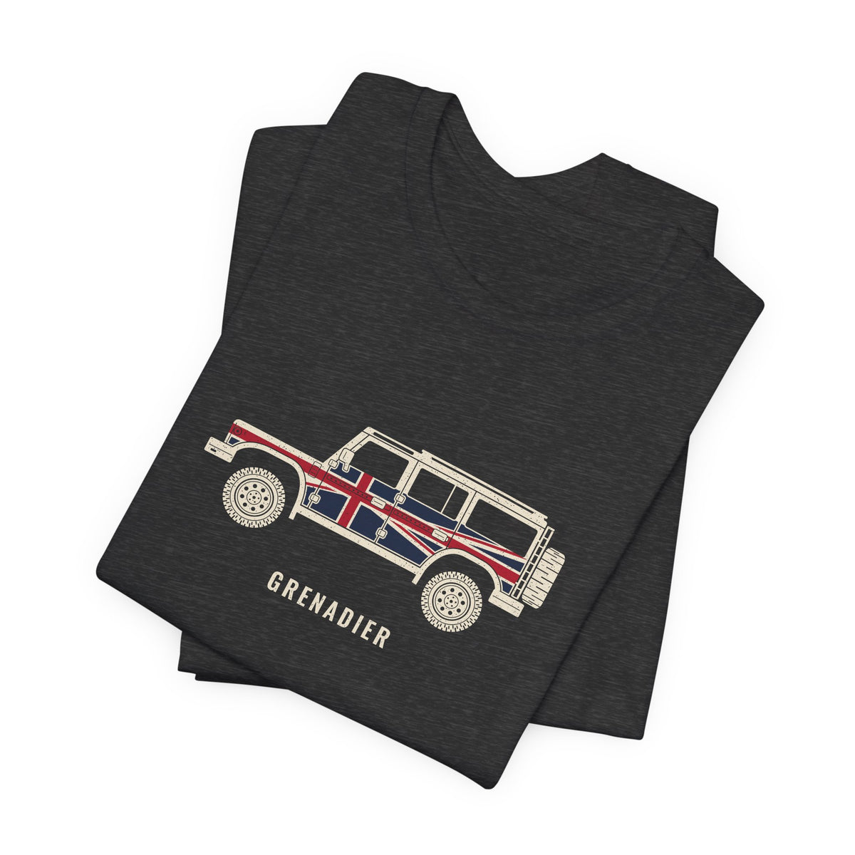 Dark grey heather tee: boxy 4x4 in side profile with Union Jack flag wrap over GRENADIER wordmark – view 2