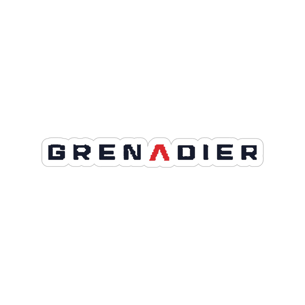 Die-cut sticker: navy GRENADIER wordmark with red Λ