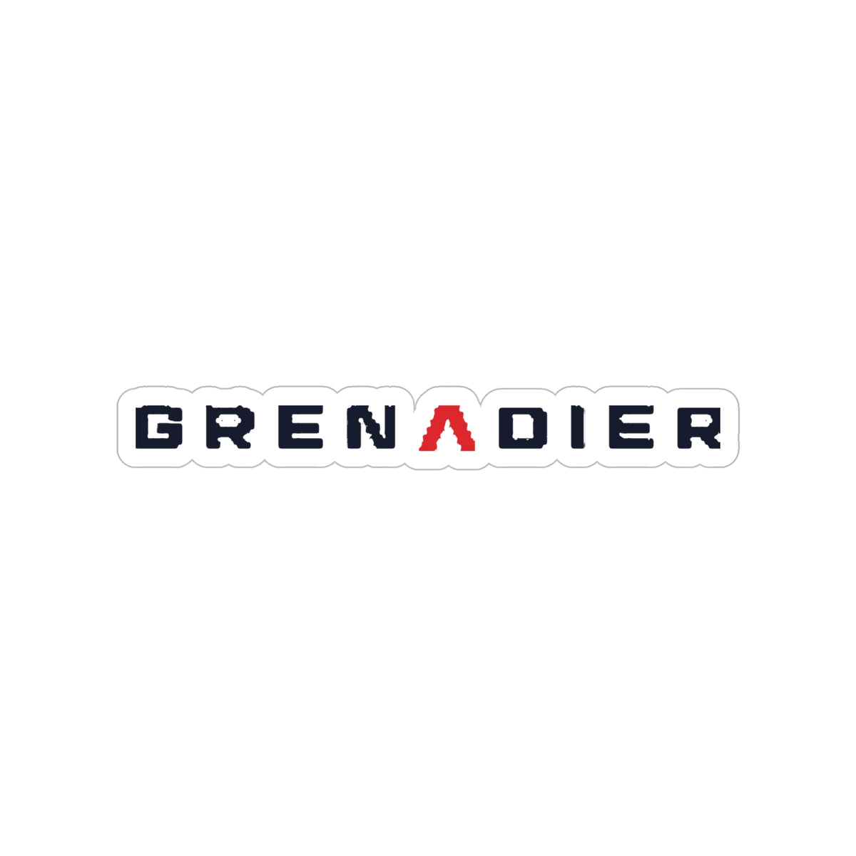 Die-cut sticker: navy GRENADIER wordmark with red Λ