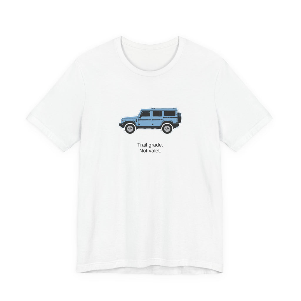 Tee: Eldoret Blue boxy 4x4 in side profile on white field, "Trail grade. Not valet." lettering under the truck, White