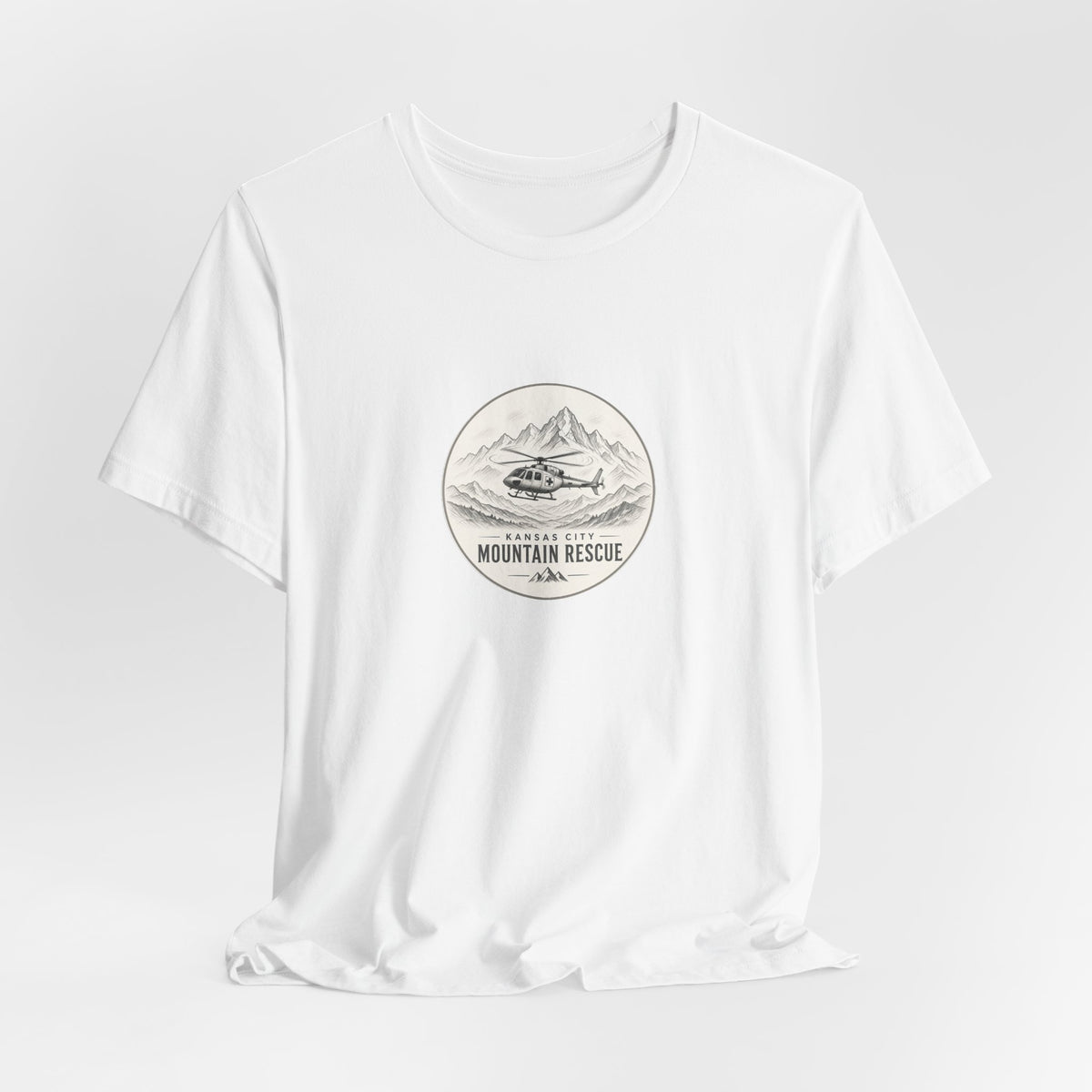 Tee with Kansas City Mountain Rescue round badge: helicopter over mountain line art – view 7