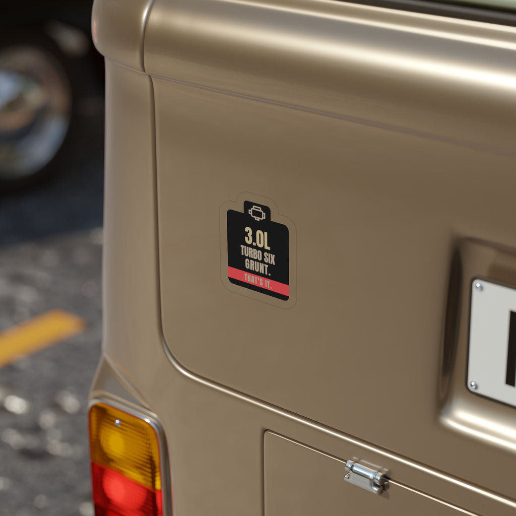 3.0L Turbo Six die-cut sticker: an engine-icon tab over 3.0L TURBO SIX GRUNT. lettering and a red THAT'S IT. band – view 4