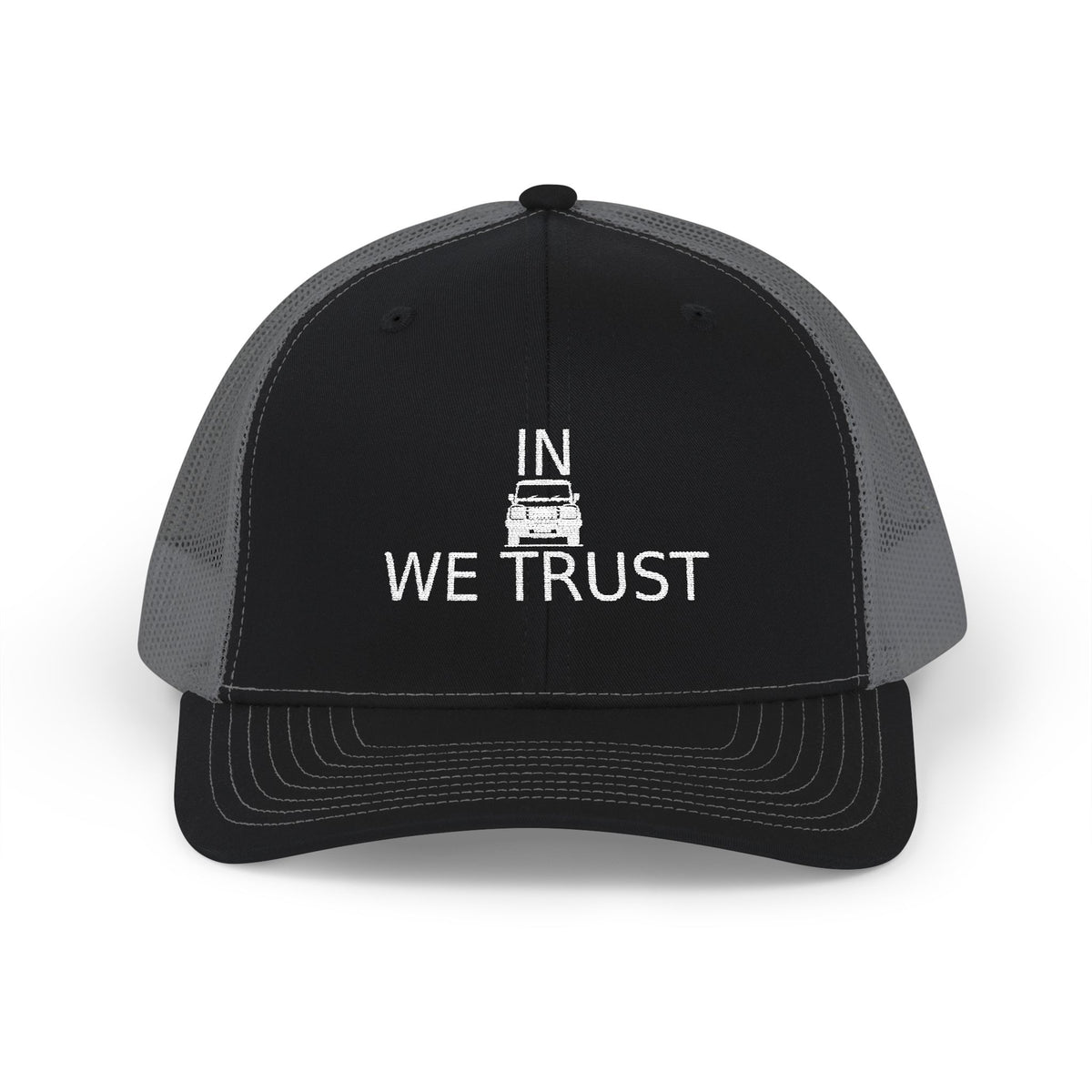 Richardson trucker hat with embroidered IN WE TRUST lockup, front-view boxy 4x4 between the words, Black / Charcoal