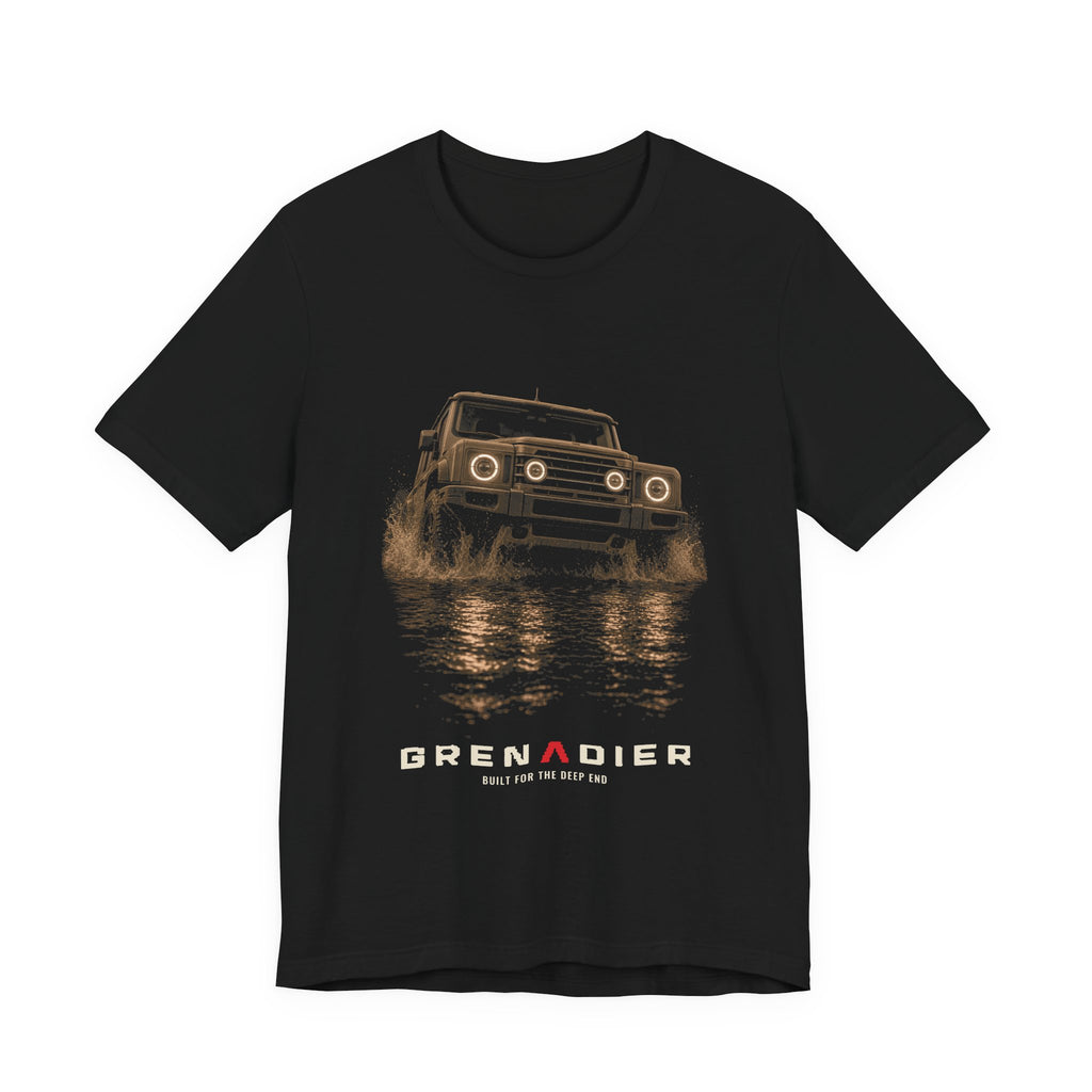 Black tee, front print: 4x4 wading dark water at night, headlights on (warm sepia, angled three-quarter view) with BUILT FOR THE DEEP END lettering under GRENADIER wordmark, Black