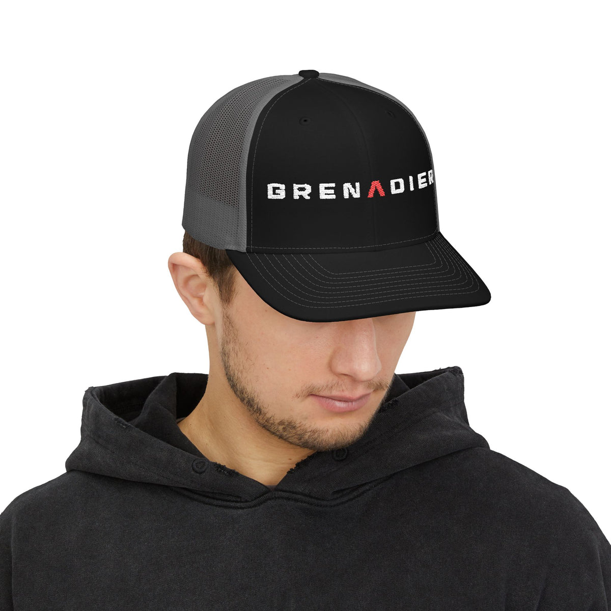 Dark snapback trucker hat with embroidered GRENADIER wordmark and red Λ – view 10