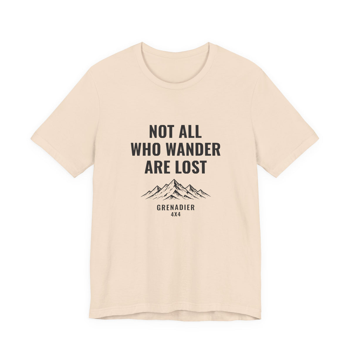 Not All Who Wander Are Lost overland tee with mountain range art, Bella+Canvas 3001 in Soft Cream, front view