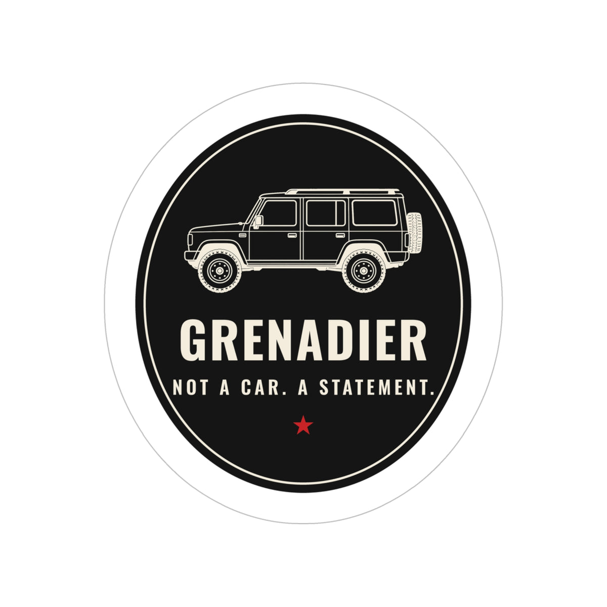 Die-cut sticker: GRENADIER with NOT A CAR. A STATEMENT. tagline – view 2