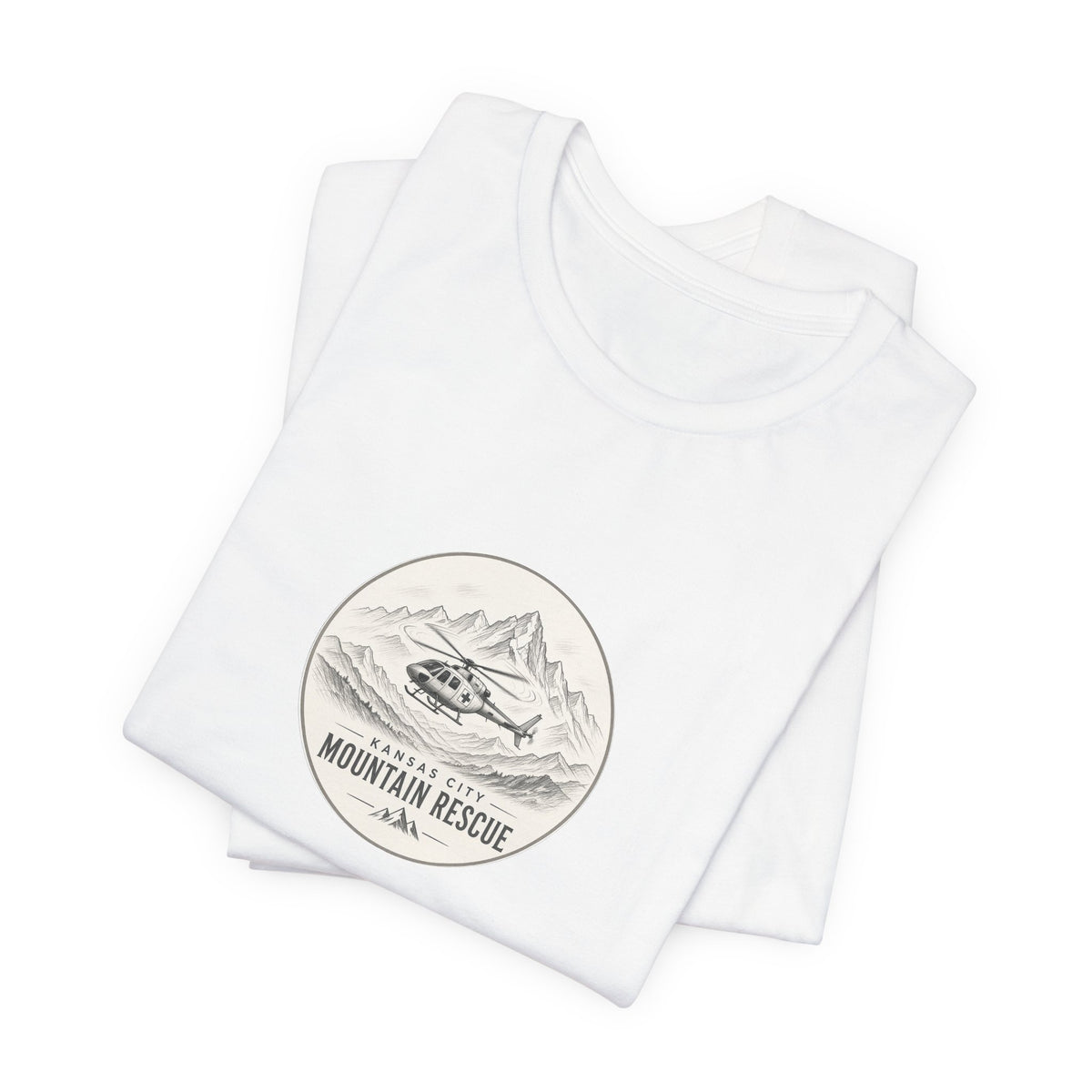 Tee with Kansas City Mountain Rescue round badge: helicopter over mountain line art – view 6
