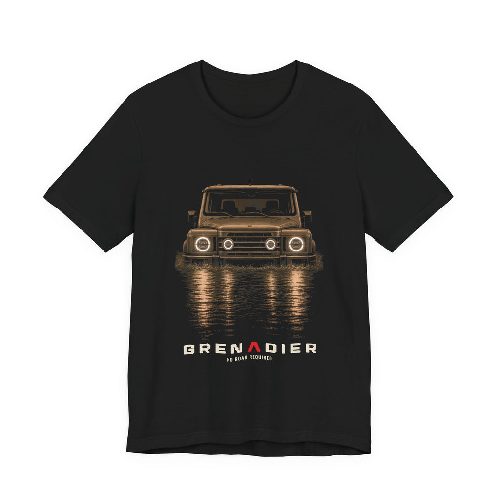 Black tee, front print: 4x4 wading dark water at night, headlights on (warm sepia tones) with NO ROAD REQUIRED lettering under GRENADIER wordmark, Black