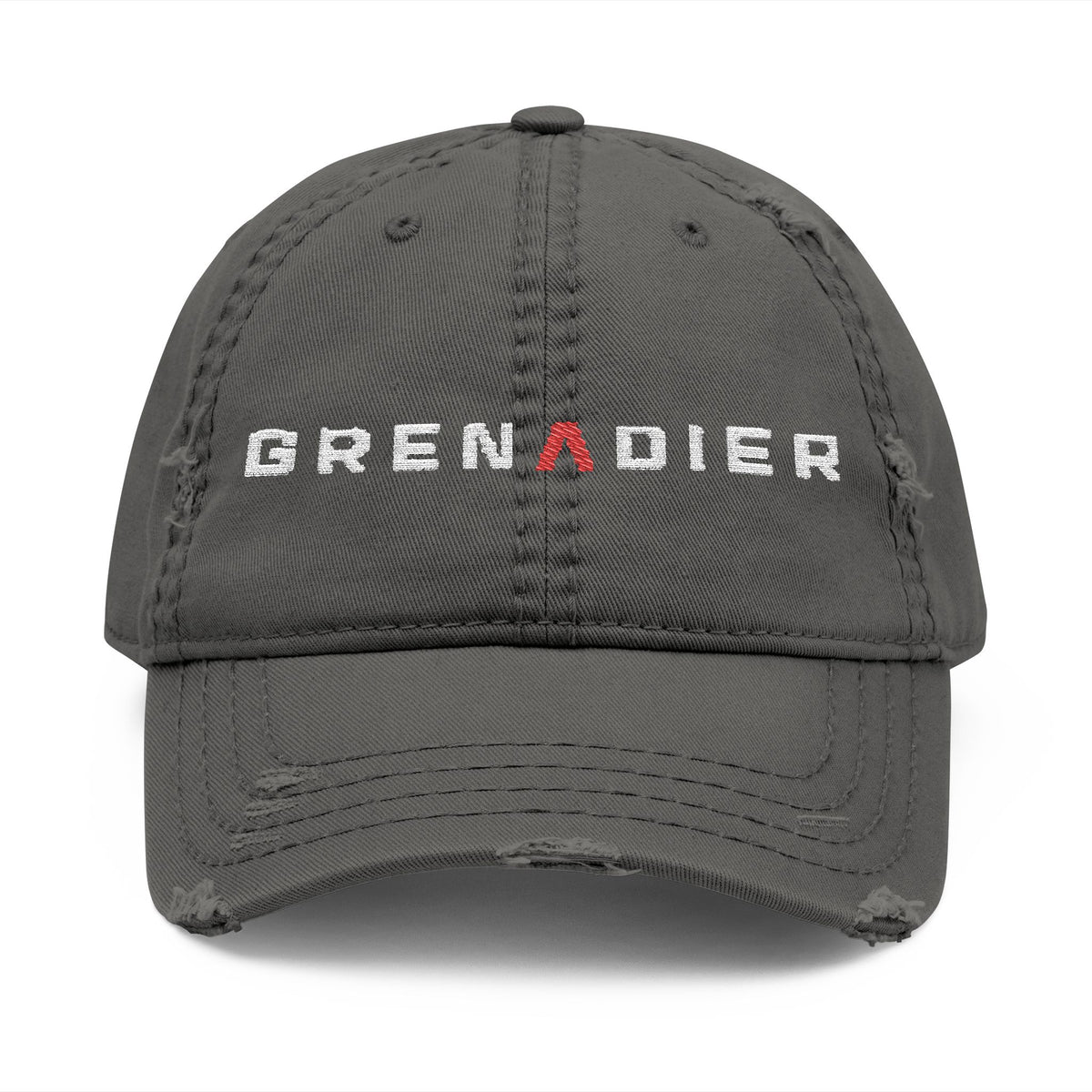 Distressed dad hat with embroidered GRENADIER wordmark and red Λ, Charcoal Grey