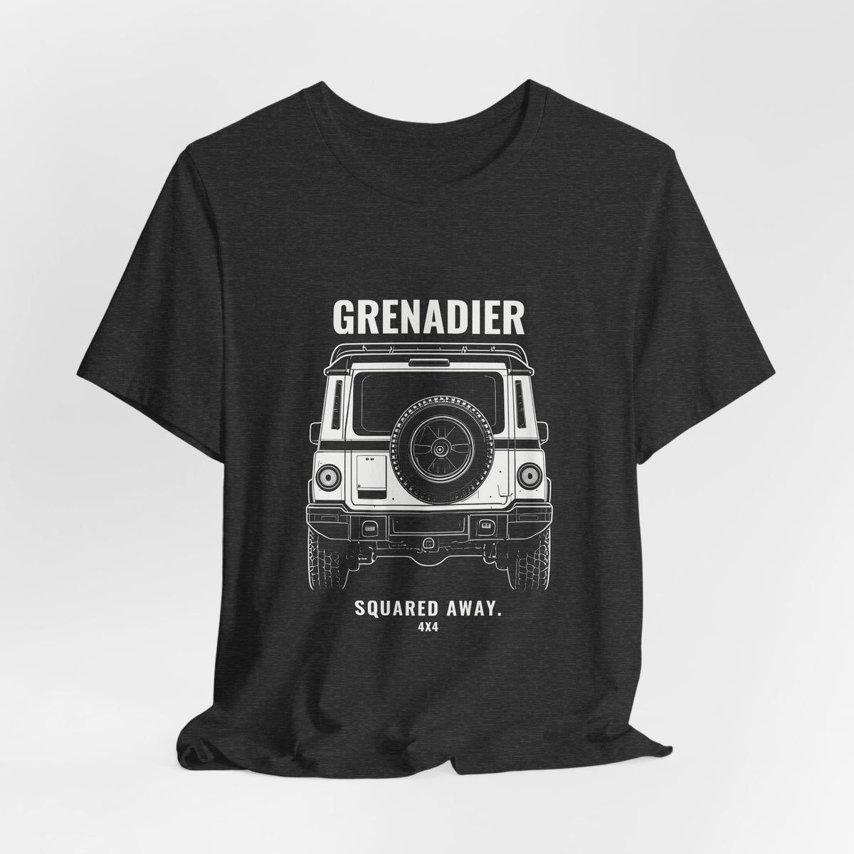 Squared Away tee with rear view boxy 4x4 line art, Bella+Canvas 3001 in Dark Grey Heather, hanging 1 view