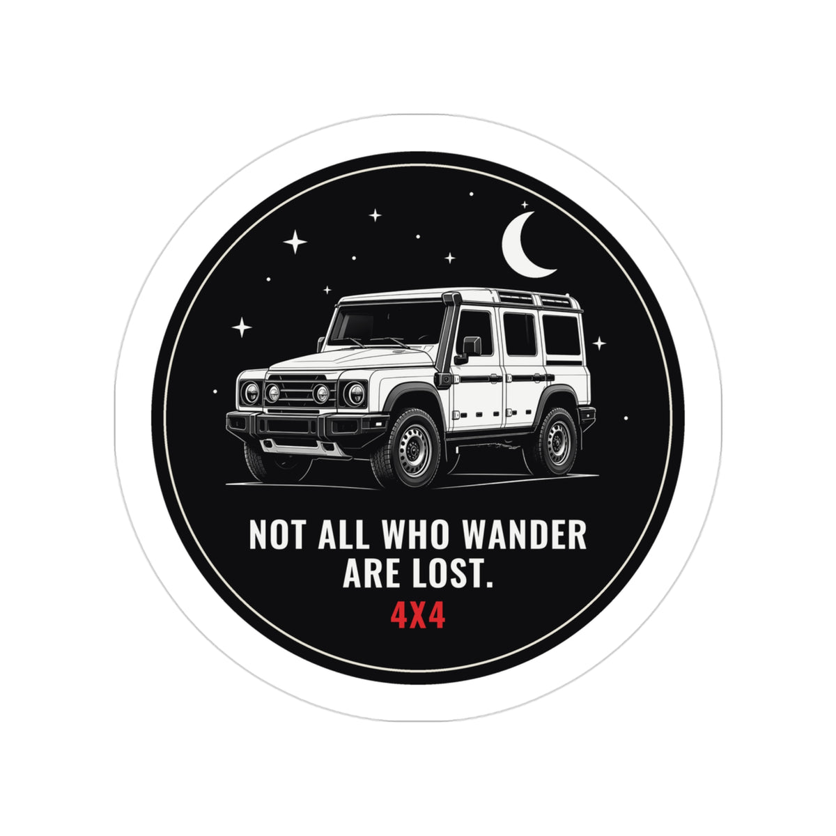 Round night sky die-cut sticker with boxy 4x4, moon and stars