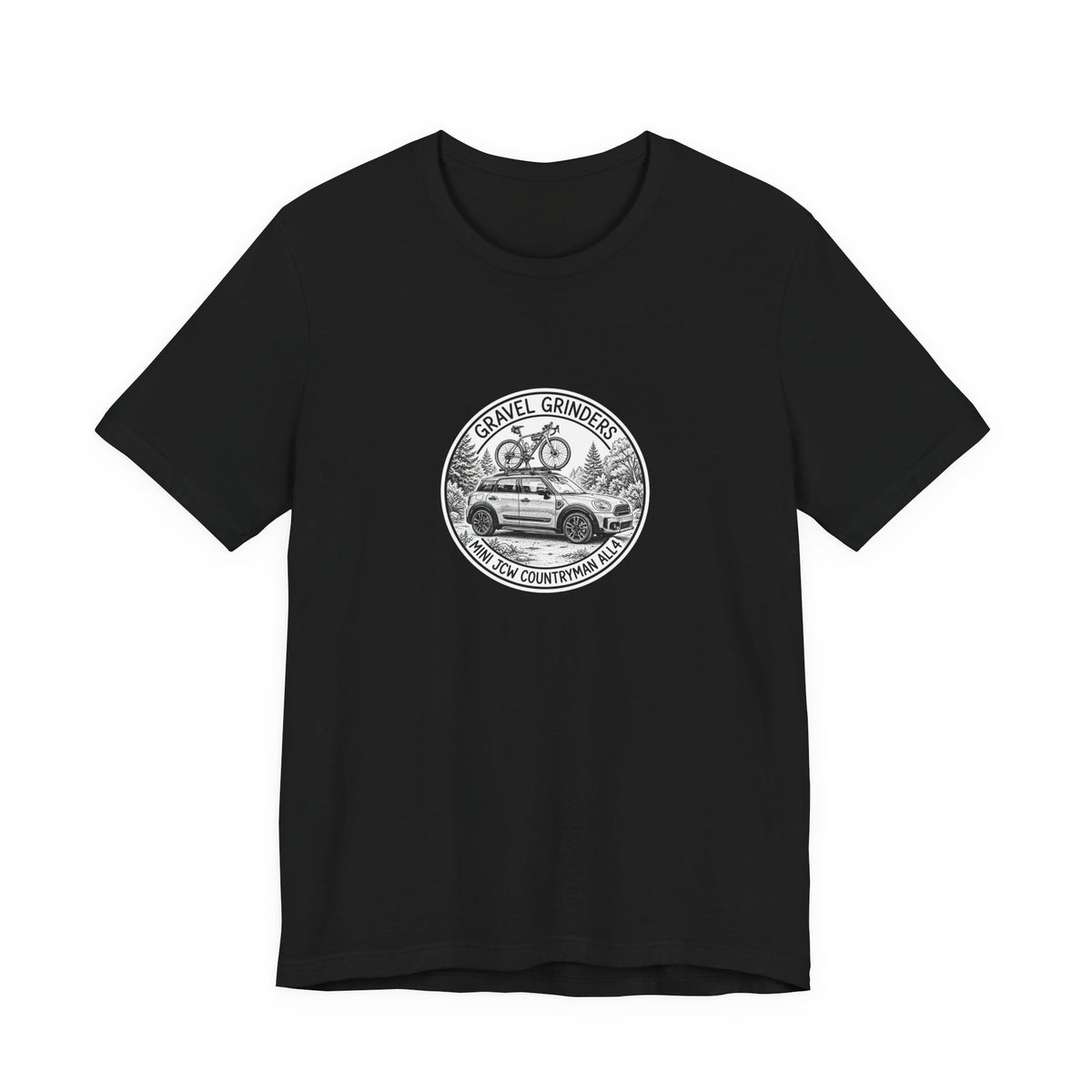 Gravel Grinders round line-art badge: compact crossover with gravel bike on roof rack among pines on tee, Black