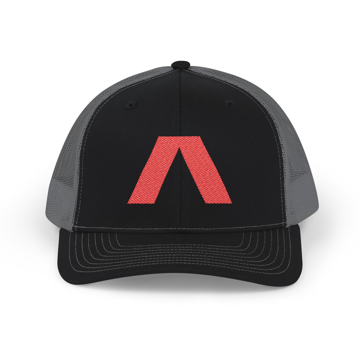 Dark snapback trucker hat with large red Λ embroidered on front, Black / Charcoal