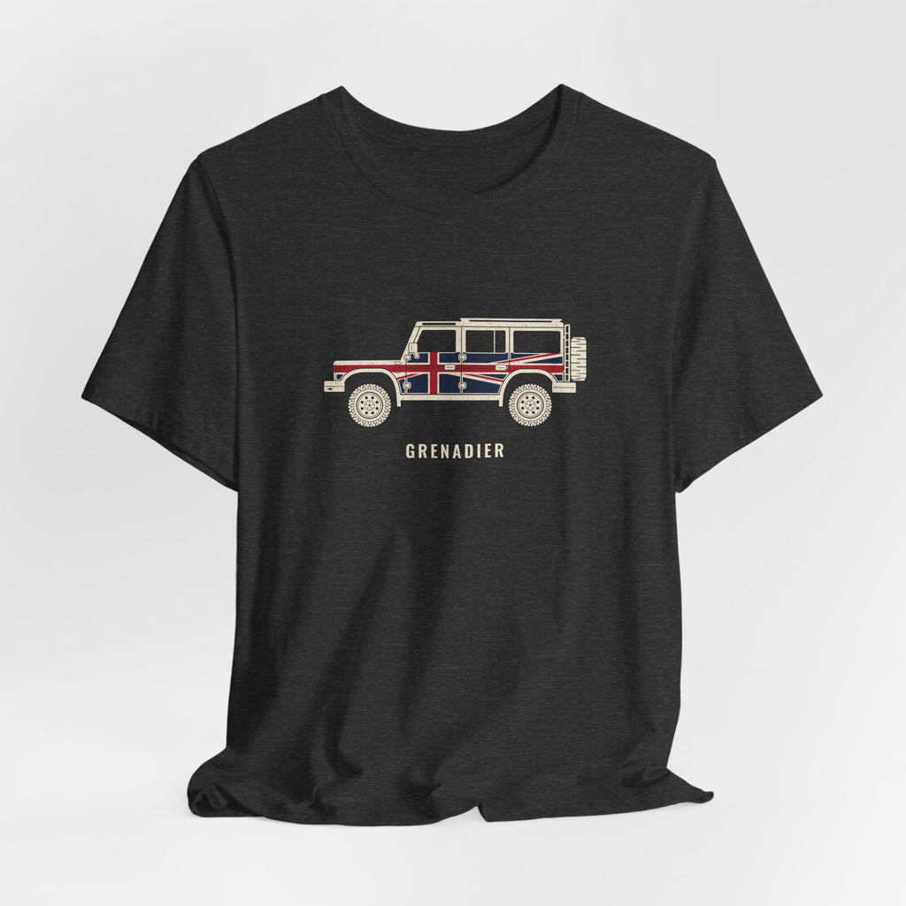 Dark grey heather tee: boxy 4x4 in side profile with Union Jack flag wrap over GRENADIER wordmark – view 3