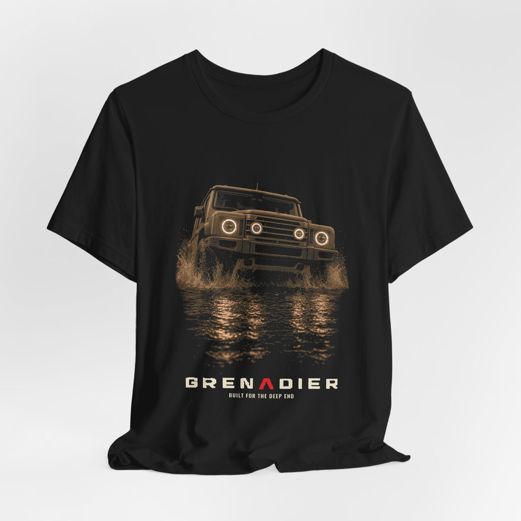 Black tee, front print: 4x4 wading dark water at night, headlights on (warm sepia, angled three-quarter view) with BUILT FOR THE DEEP END lettering under GRENADIER wordmark – view 3