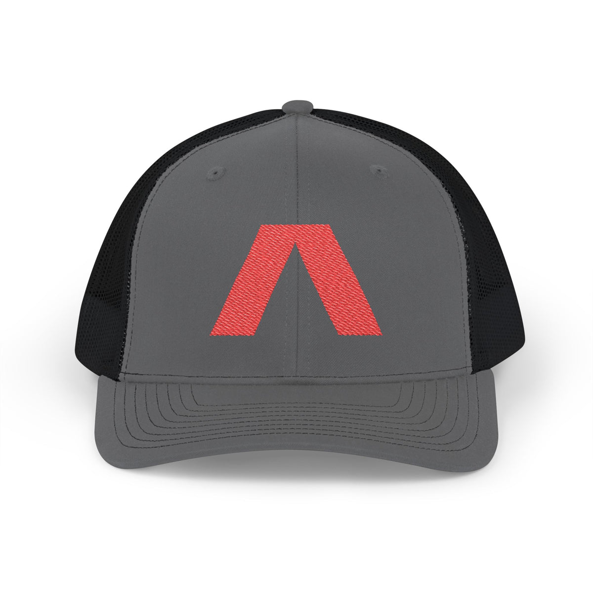 Dark snapback trucker hat with large red Λ embroidered on front, Charcoal / Black