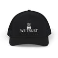 Richardson trucker hat with embroidered IN WE TRUST lockup, front-view boxy 4x4 between the words, Black