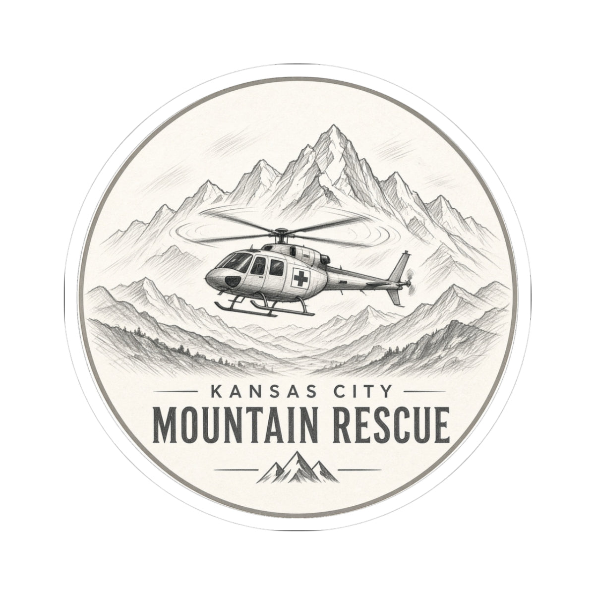 Round sticker: Kansas City Mountain Rescue, helicopter flying past sketched mountain range – view 2