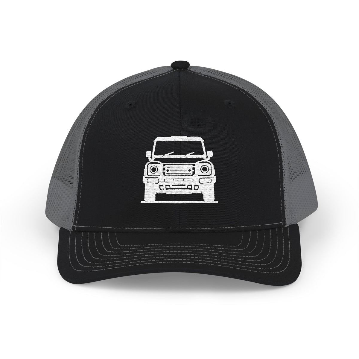 Richardson trucker hat with embroidered front-view boxy 4x4 mark, Black / Charcoal