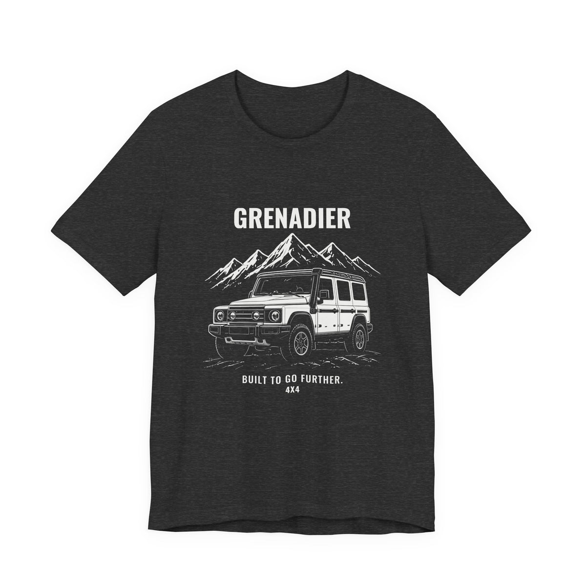 Built to Go Further tee with boxy 4x4 and mountains art, Bella+Canvas 3001 in Dark Grey Heather, front view