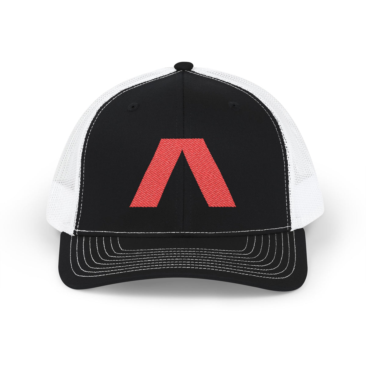Dark snapback trucker hat with large red Λ embroidered on front, Black / White