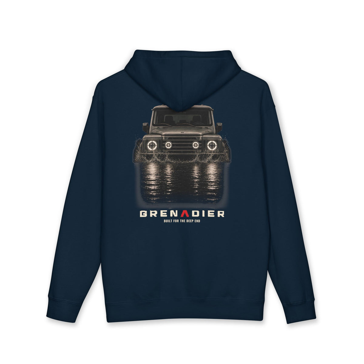 Night Wade heavyweight hoodie back print: boxy 4x4 wading water at night – view 7