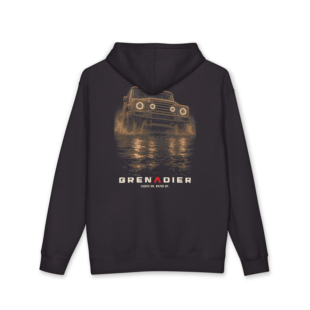 Night Wade heavyweight hoodie back print: boxy 4x4 wading water at night