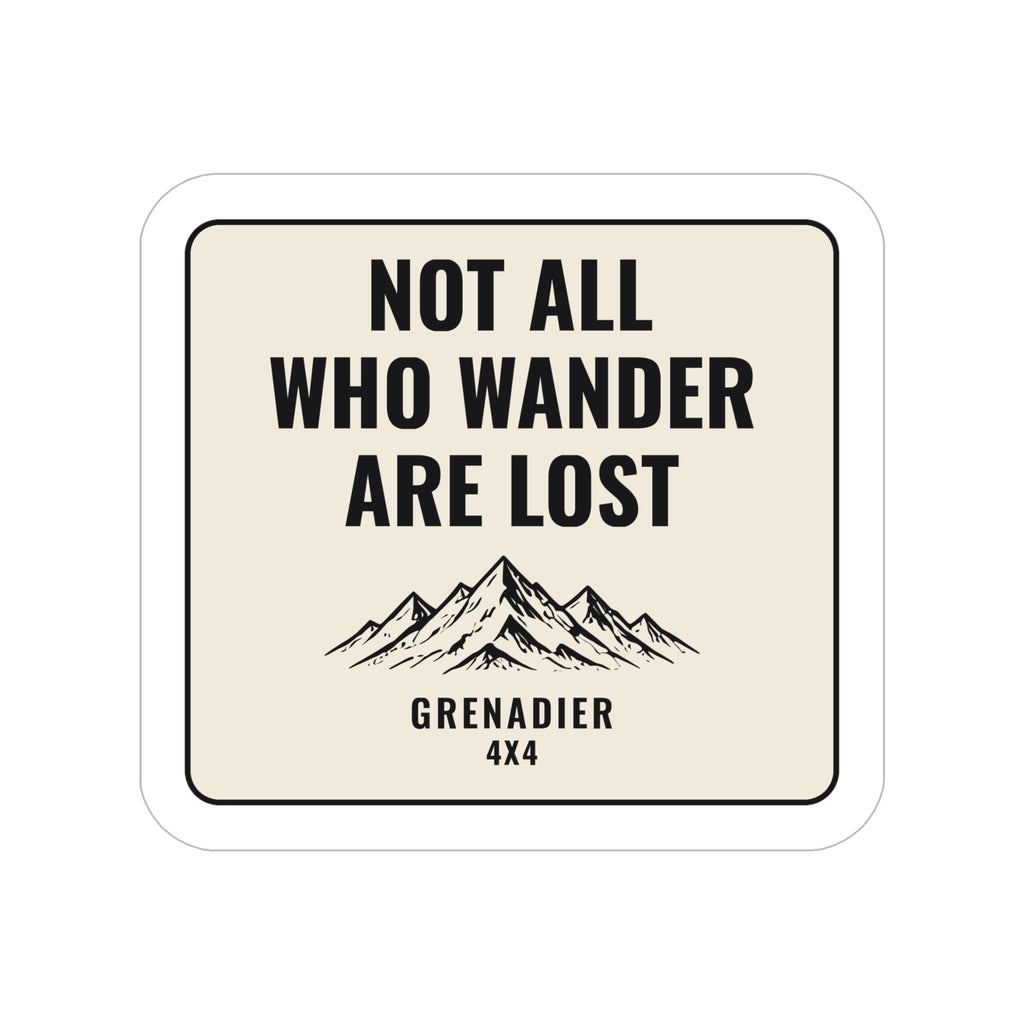 Not All Who Wander Are Lost die-cut sticker with mountains on a cream badge