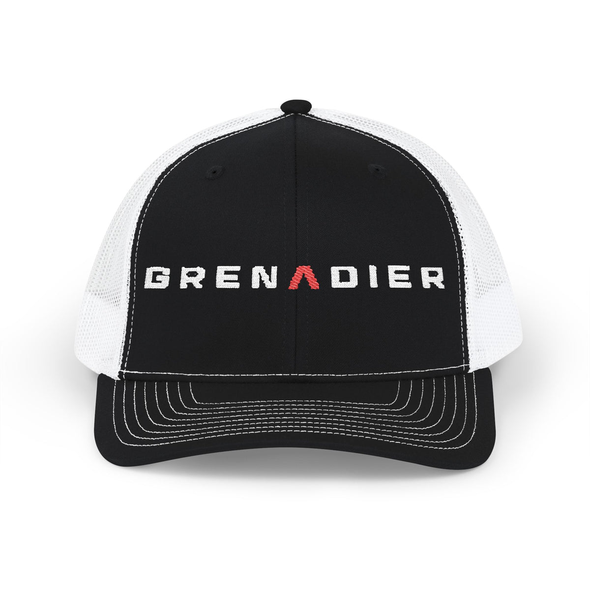 Dark snapback trucker hat with embroidered GRENADIER wordmark and red Λ, Black / White