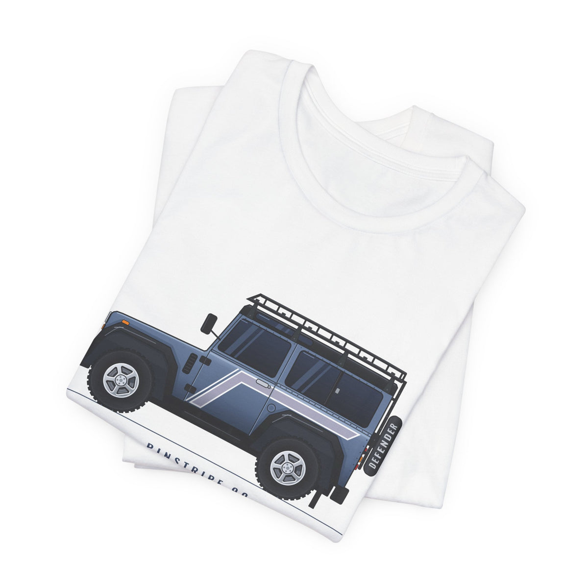 White tee, chest print: slate-blue boxy 90 4x4 in side profile with pinstripe flash and roof rack; PINSTRIPE 90 lettering – view 2