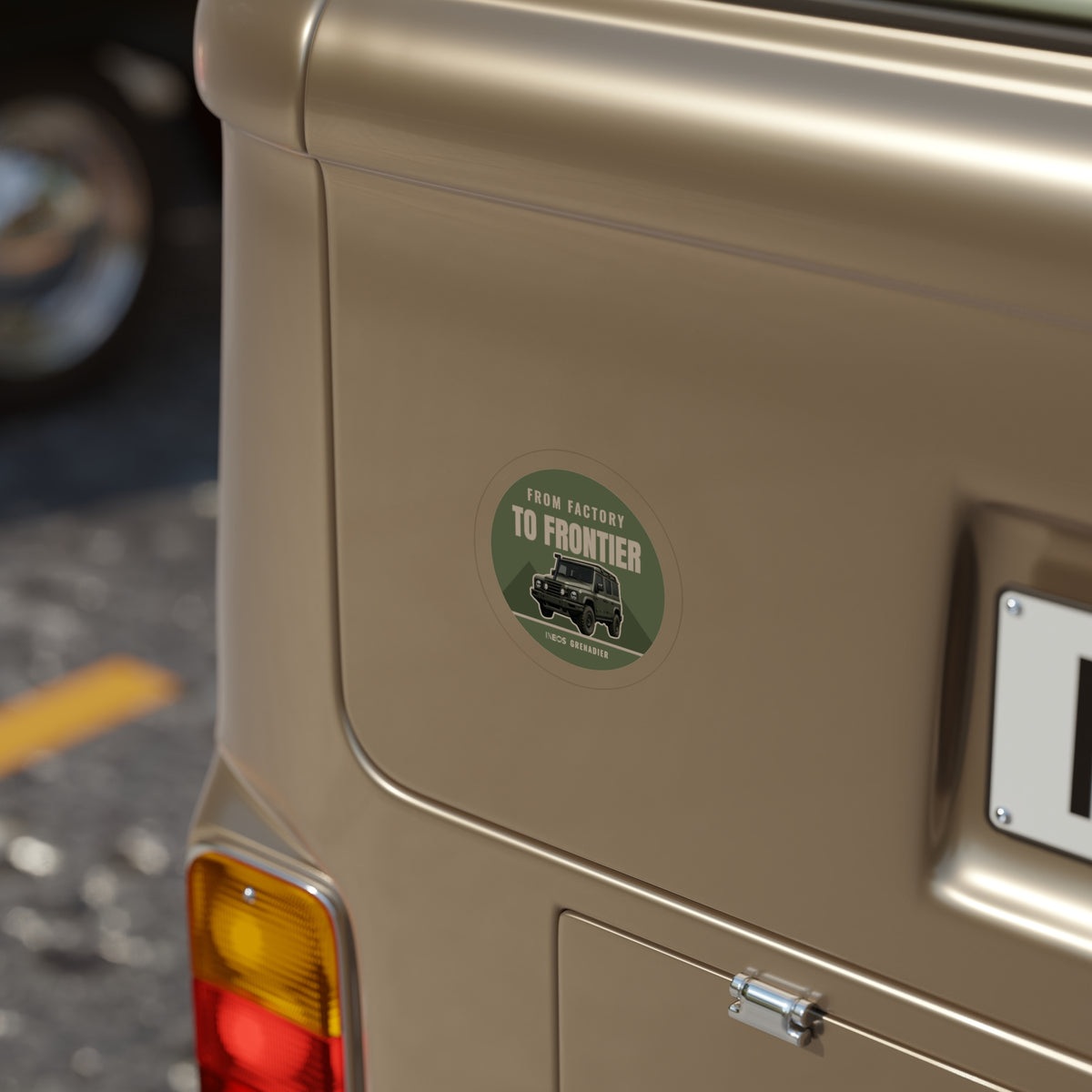 From Factory to Frontier die-cut sticker: a round olive and cream badge with a 4x4 wagon and FROM FACTORY TO FRONTIER lettering – view 6