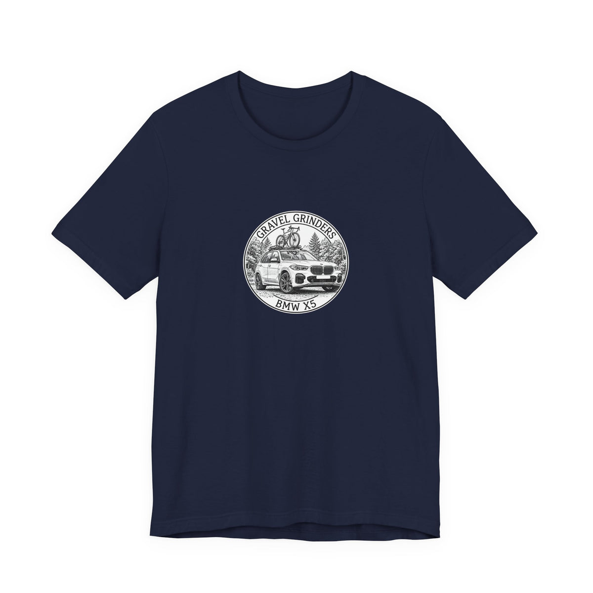 Gravel Grinders round line-art badge: luxury SUV with gravel bike on roof rack among pines on tee, Navy