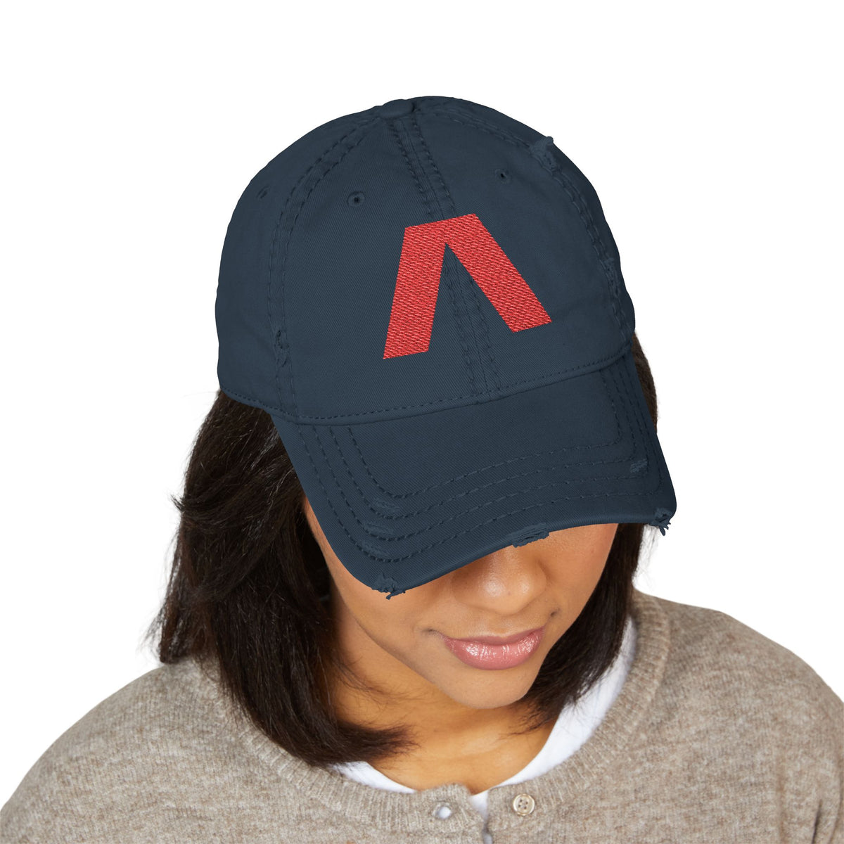 Distressed dad hat with large red Λ embroidered center front – view 7