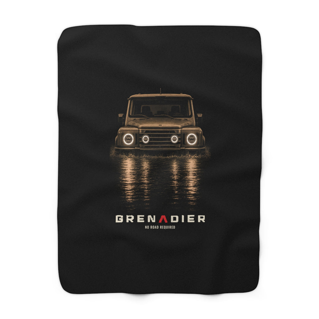 Night Wade sherpa blanket: boxy 4x4 wading black water at night, NO ROAD REQUIRED lettering