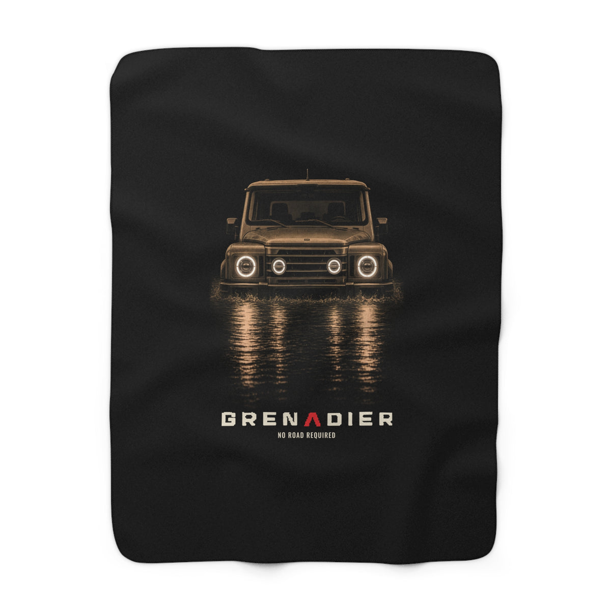 Night Wade sherpa blanket: boxy 4x4 wading black water at night, NO ROAD REQUIRED lettering
