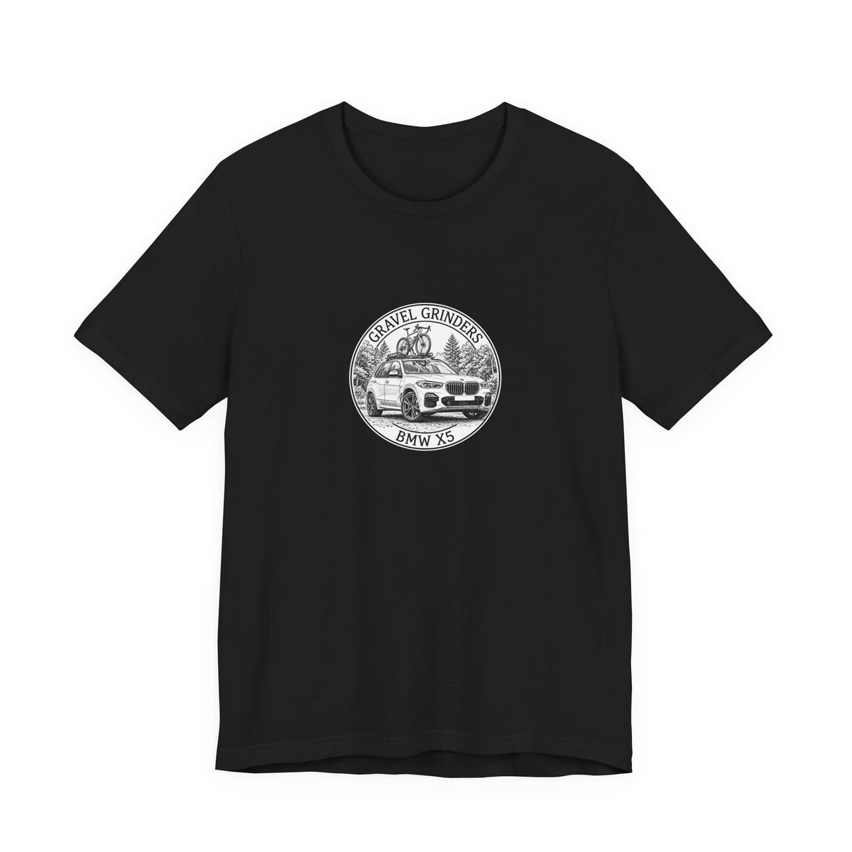 Gravel Grinders round line-art badge: luxury SUV with gravel bike on roof rack among pines on tee, Black