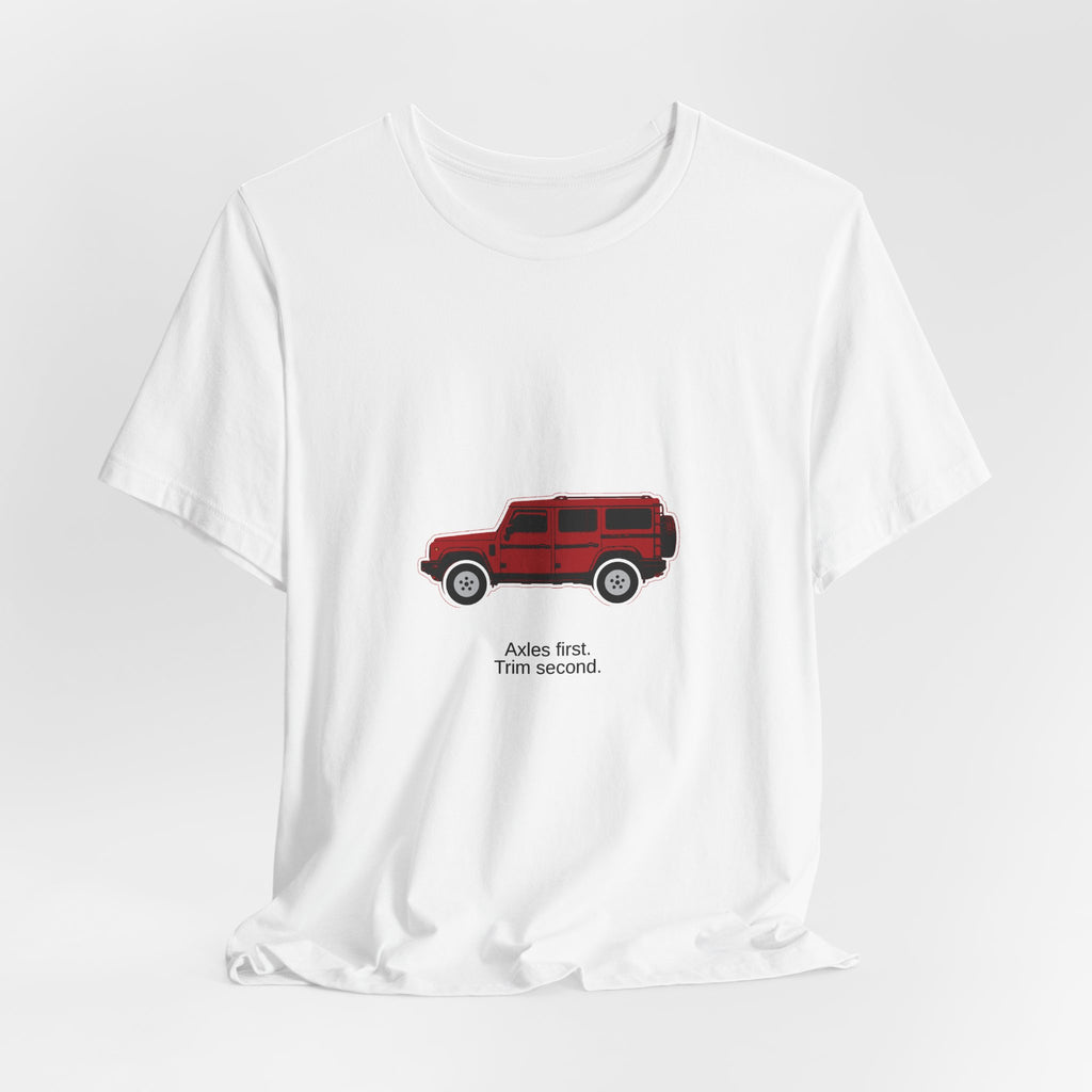 Boxy 4x4 Hambach Side Tee — Devil Red White Field — Axles first. Trim second.