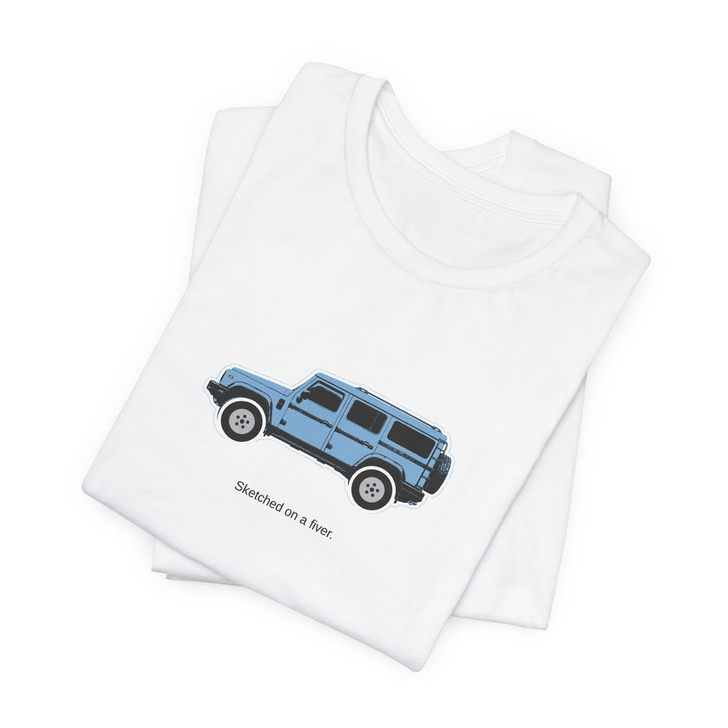 Tee: Eldoret Blue boxy 4x4 in side profile on white field, "Sketched on a fiver." lettering under the truck – view 3