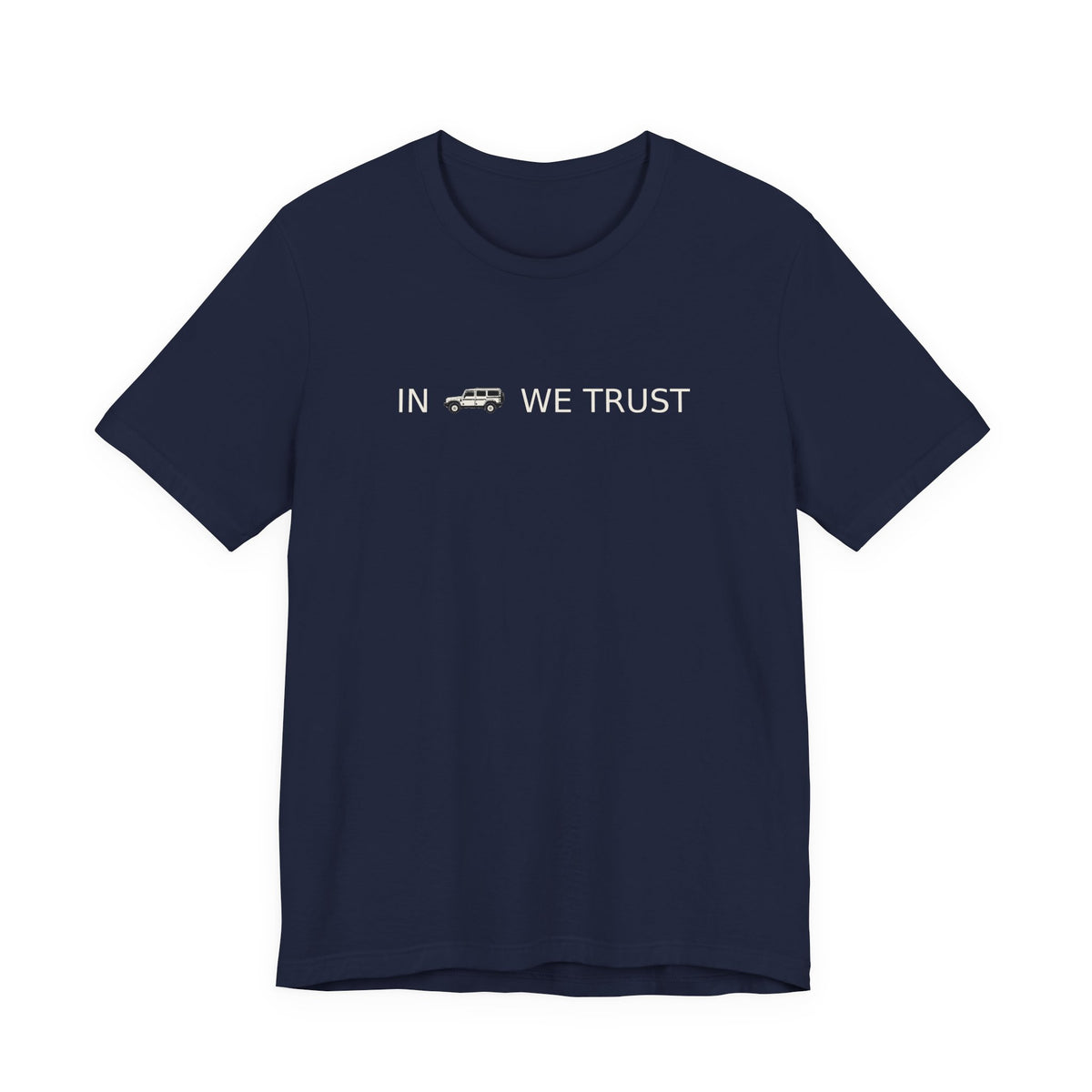 Tee with full-front IN WE TRUST lockup, side-view boxy 4x4 between the words, Navy