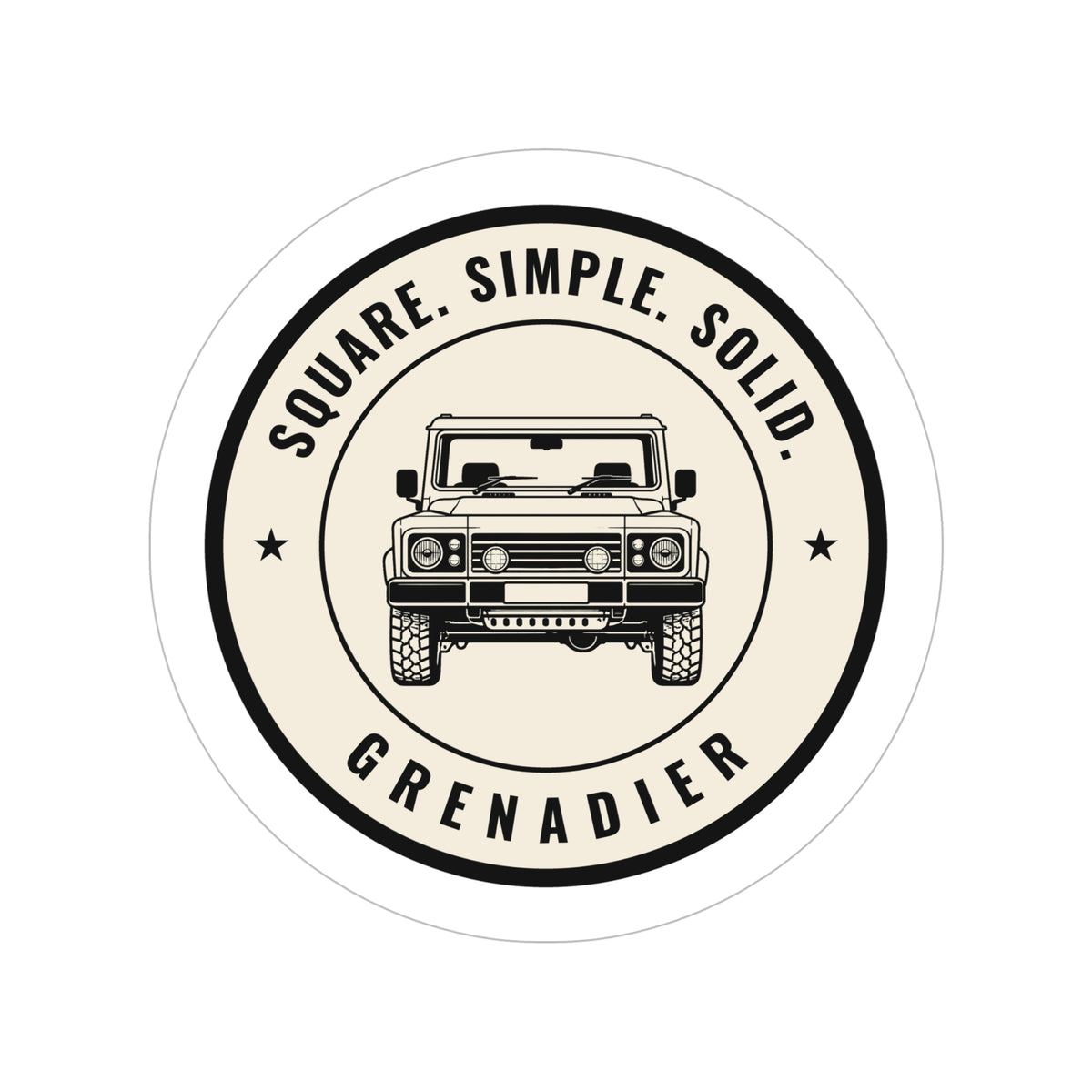 Die-cut sticker: GRENADIER with SQUARE. SIMPLE. SOLID. tagline