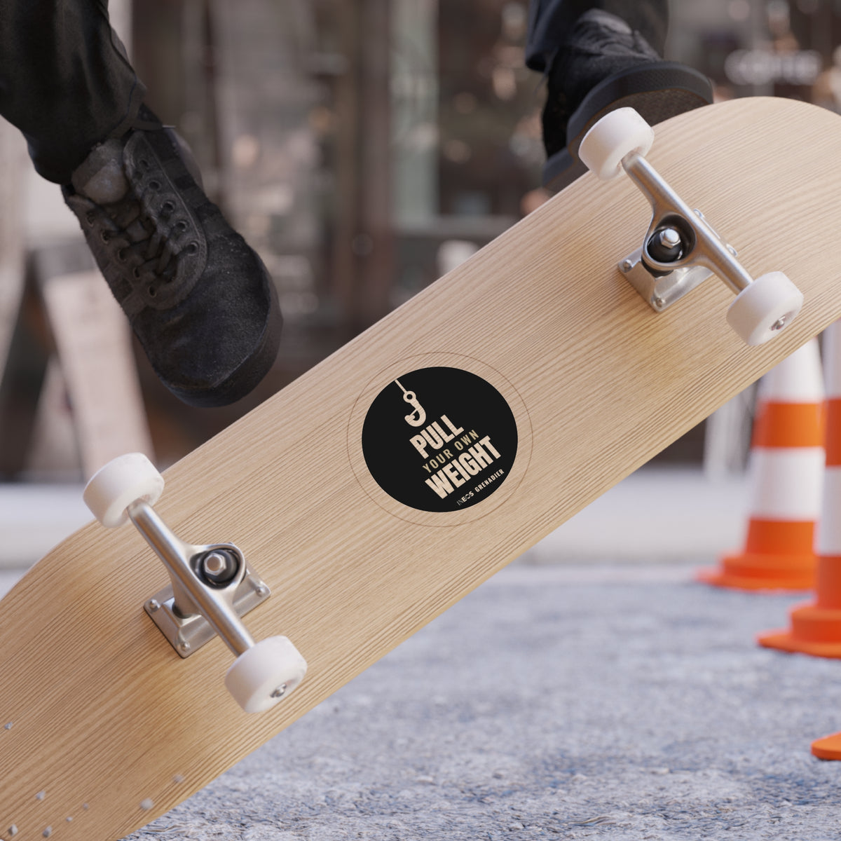 Pull Your Own Weight die-cut sticker: a tow hook above PULL YOUR OWN WEIGHT lettering on a round black badge – view 7