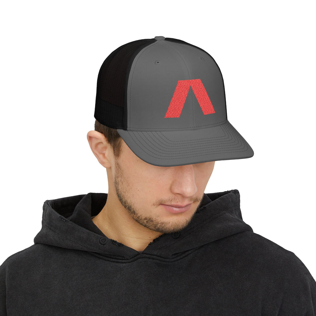 Dark snapback trucker hat with large red Λ embroidered on front – view 16
