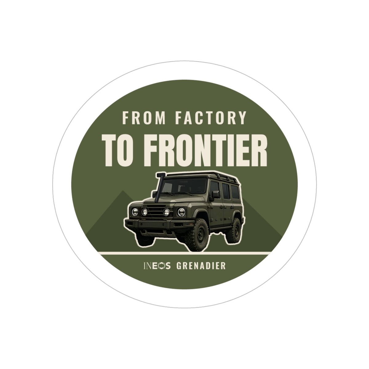 From Factory to Frontier die-cut sticker: a round olive and cream badge with a 4x4 wagon and FROM FACTORY TO FRONTIER lettering – view 3