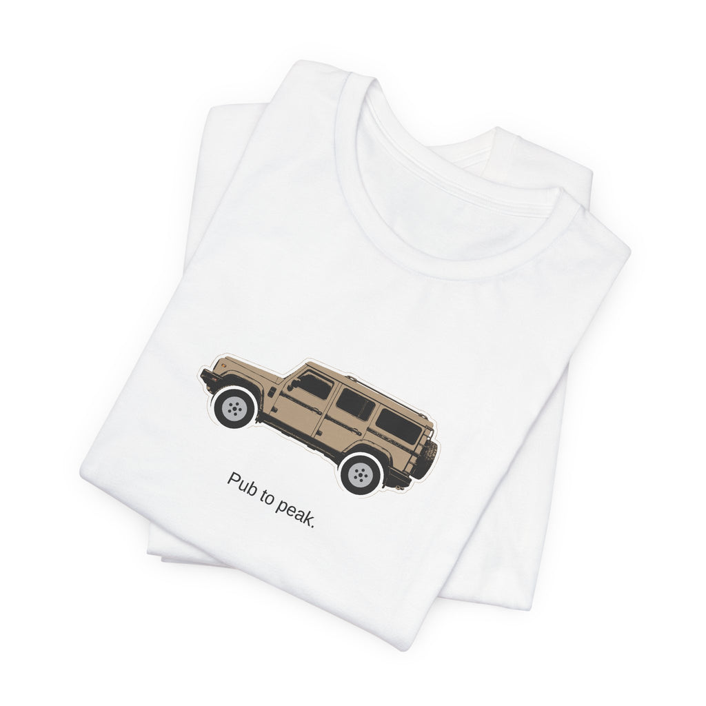 Tee: Magic Mushroom boxy 4x4 in side profile on white field, "Pub to peak." lettering under the truck – view 3